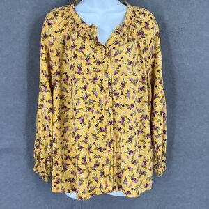 DEMOCRACY Yellow Floral‎ Peasant Blouse Long Sleeve Sz 1X Cottagecore Flowy